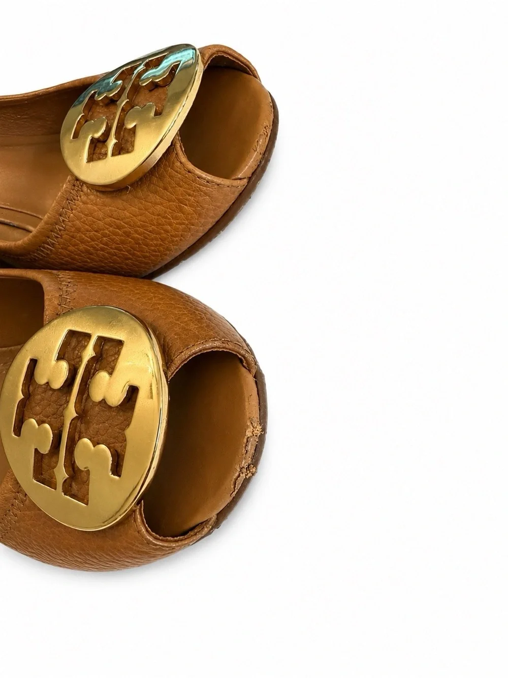Tory Burch Tan Leather Peep-Toe Flats with Gold Logo Medallion